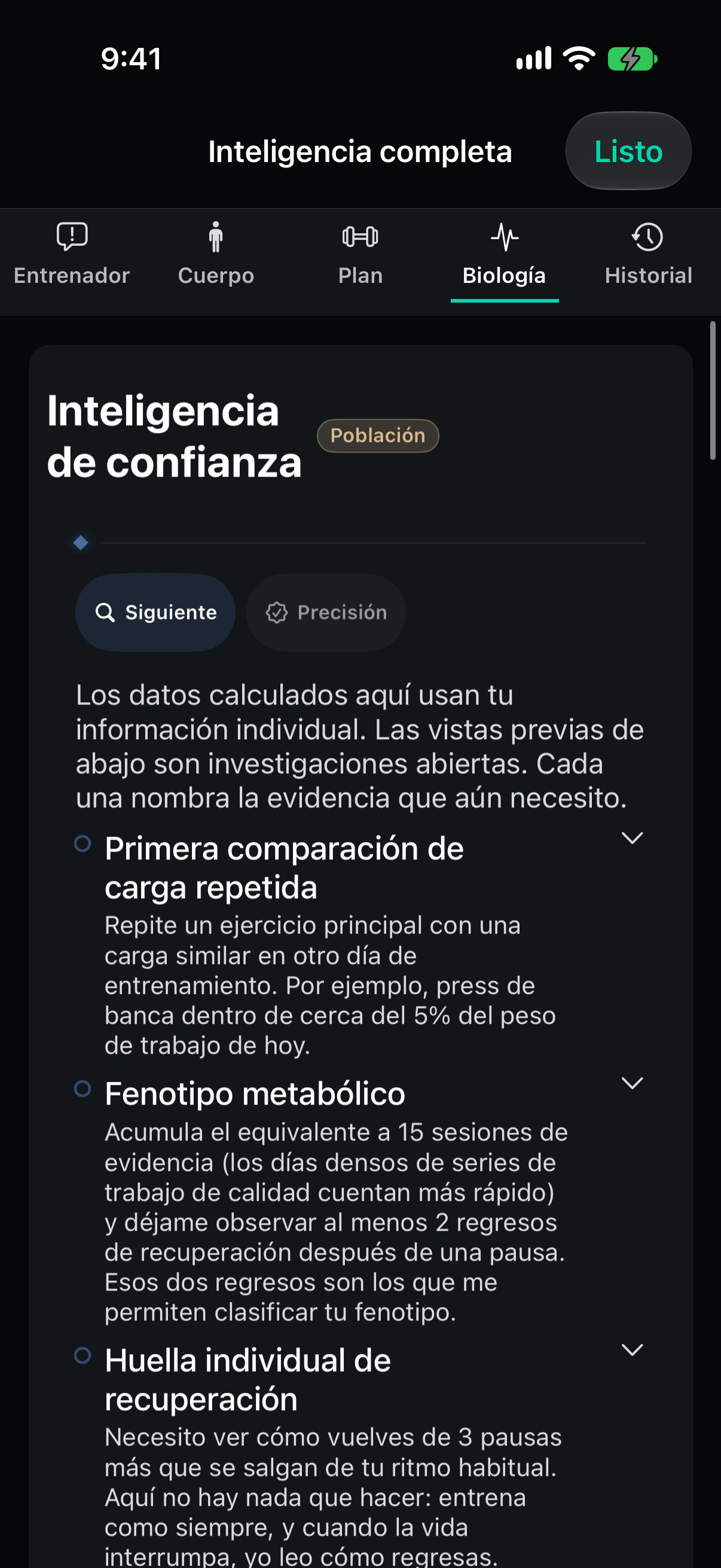 La hoja de Inteligencia completa en español, en la pestaña Biológico. Se titula Inteligencia de confianza, lleva la insignia Población, y enumera las investigaciones abiertas nombrando la evidencia que cada una todavía necesita.