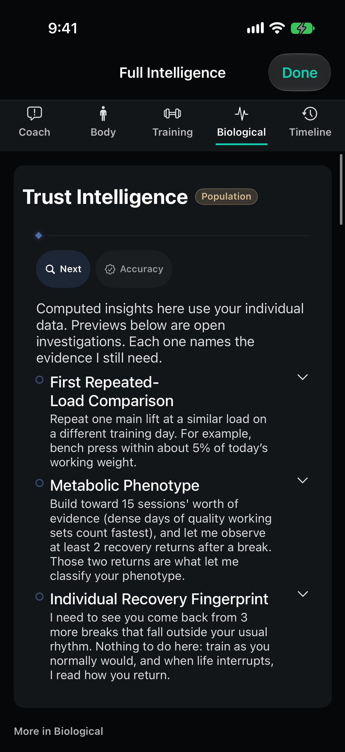 The Trust Intelligence screen, listing open investigations and the evidence each one still needs before it will make a claim.
